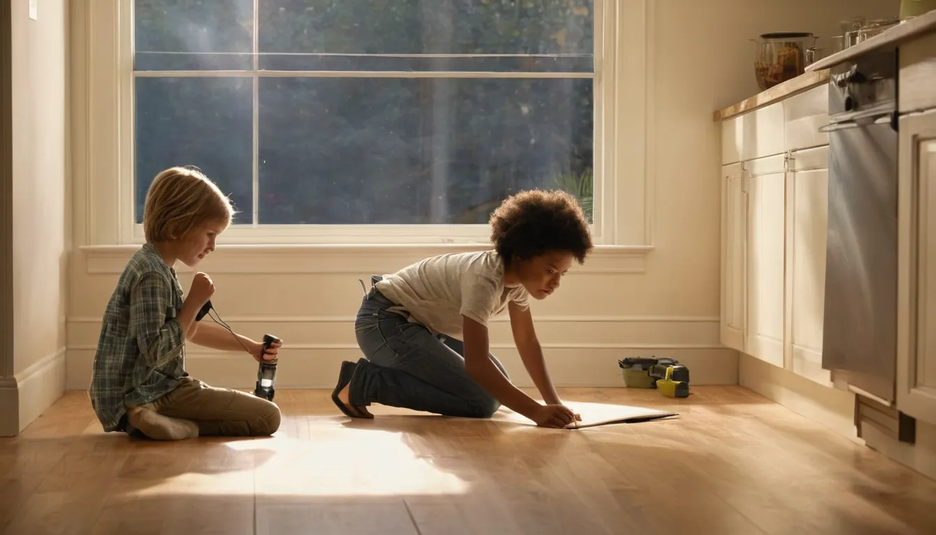 Homeowner checking a kitchen baseboard for pests in a Plano home